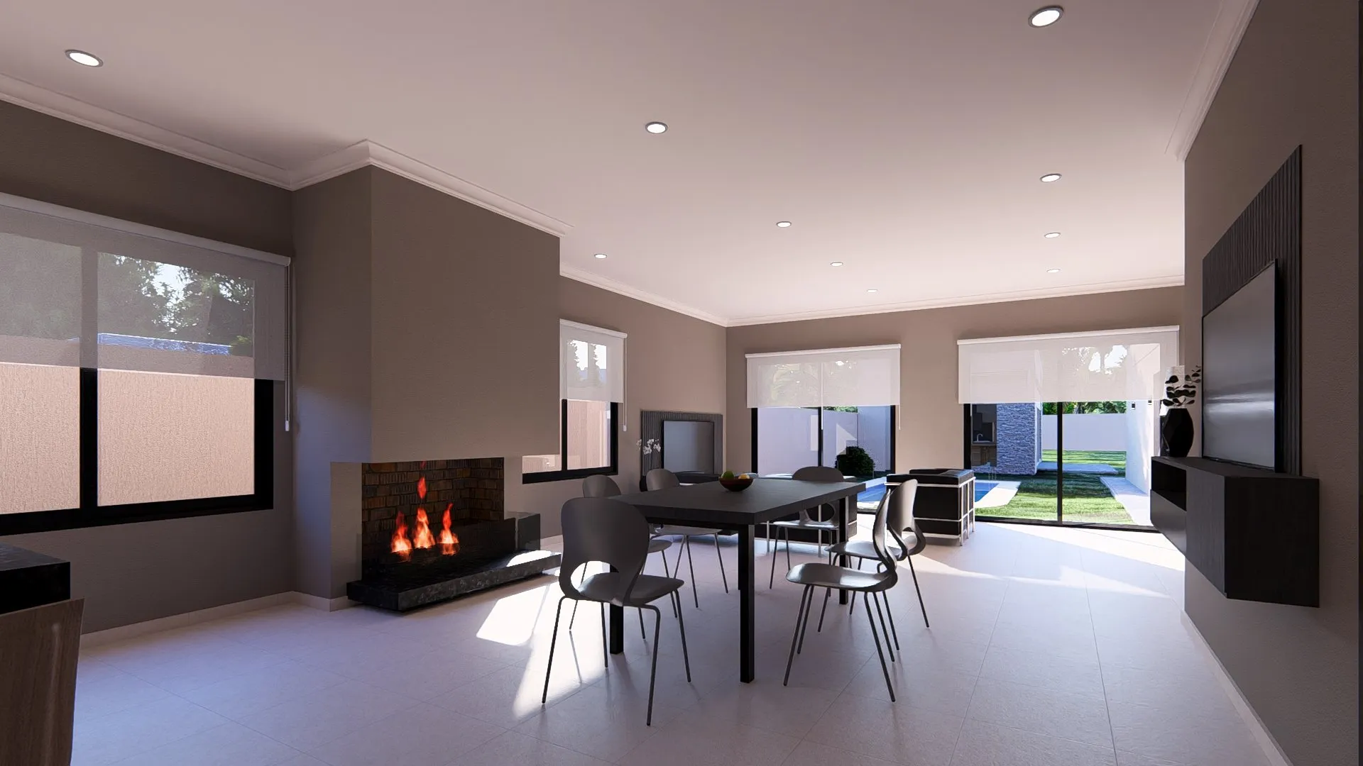 Casa FG: comedor con chimenea