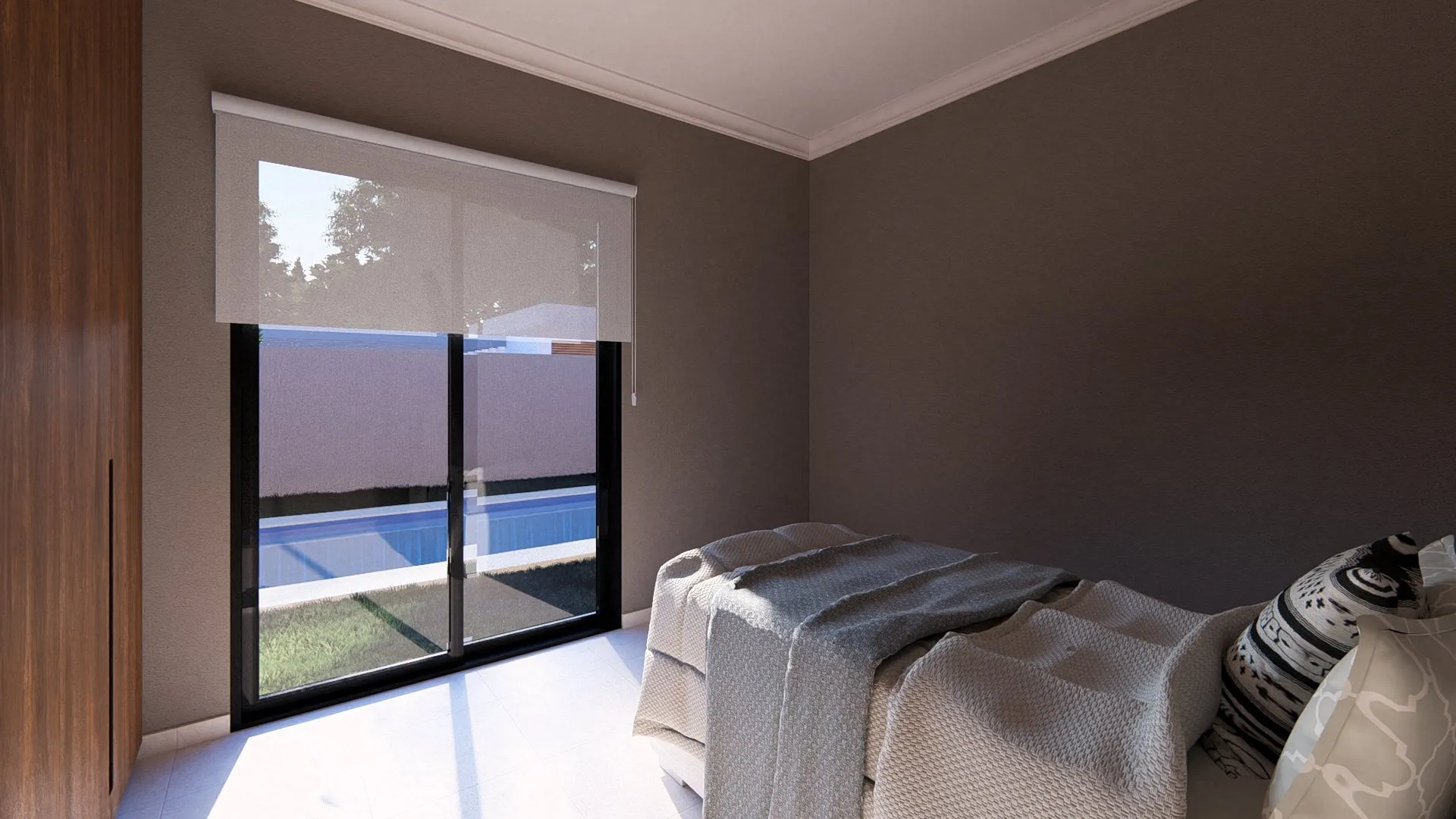 Casa FG: dormitorio con vista a la pileta