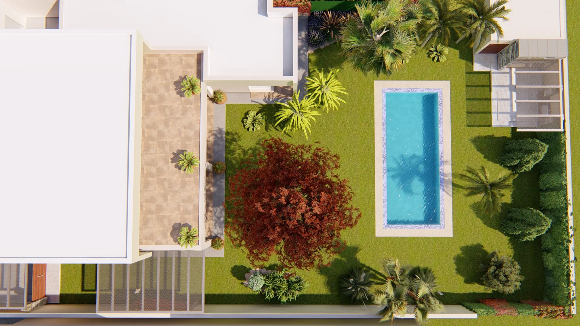 Casa MR: vista aérea del jardín y la pileta